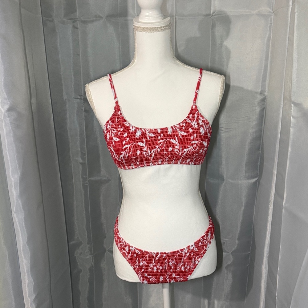 Red/pink Printed Smocked Bikini Set - Women Swim